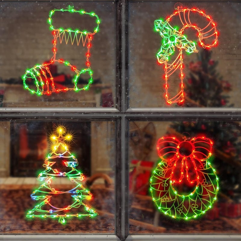 Just-pro 4 Pack Christmas Window Silhouette Lights, Lighted Candy Cane,Christmas Tree,Wreath and Christmas Stocking of Double Sided Decorations with 200 Count Incandescent Mini Light - Image 1